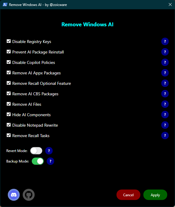 Remove Windows Ai : script/GUI pour retirer l’IA de Windows 11 (avec sauvegarde)